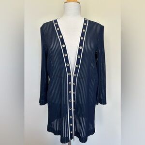 Navy Sheer Cardigan with White Edges & Gold Grommet Accents by Ming Wang -Size M